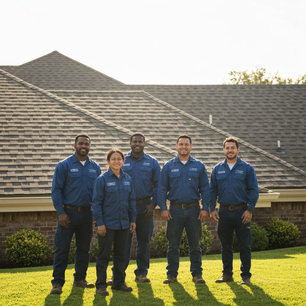 Roofing team with tools on-site, smiling