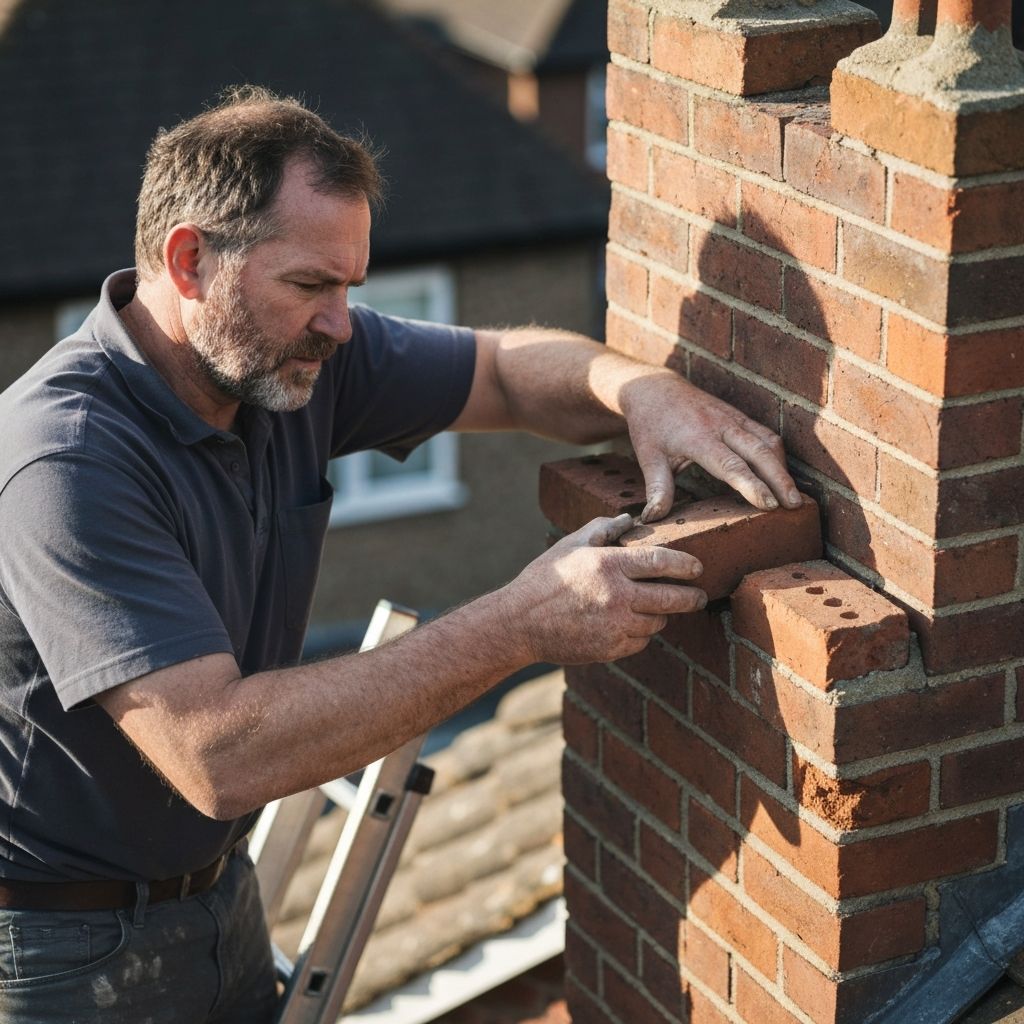 Roofer repointing brick chimney